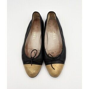 Chanel Ballet Flats Black Leather w/ Gold Quilted Cap Toe Vintage Sz EU 36